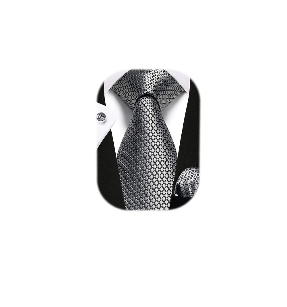 9288 Ties Silver Ties Wedding Plaid Silk Woven Tie and Pocket Square Set